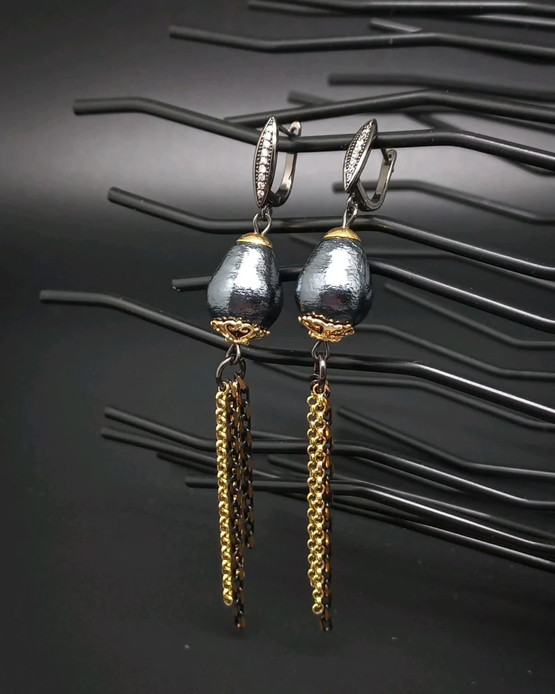Серьги Black and gold хлопковый жемчуг черный золотой