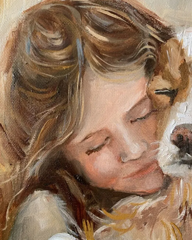 Девочка с собакой. Картина маслом 20×30 см — 20×30 см