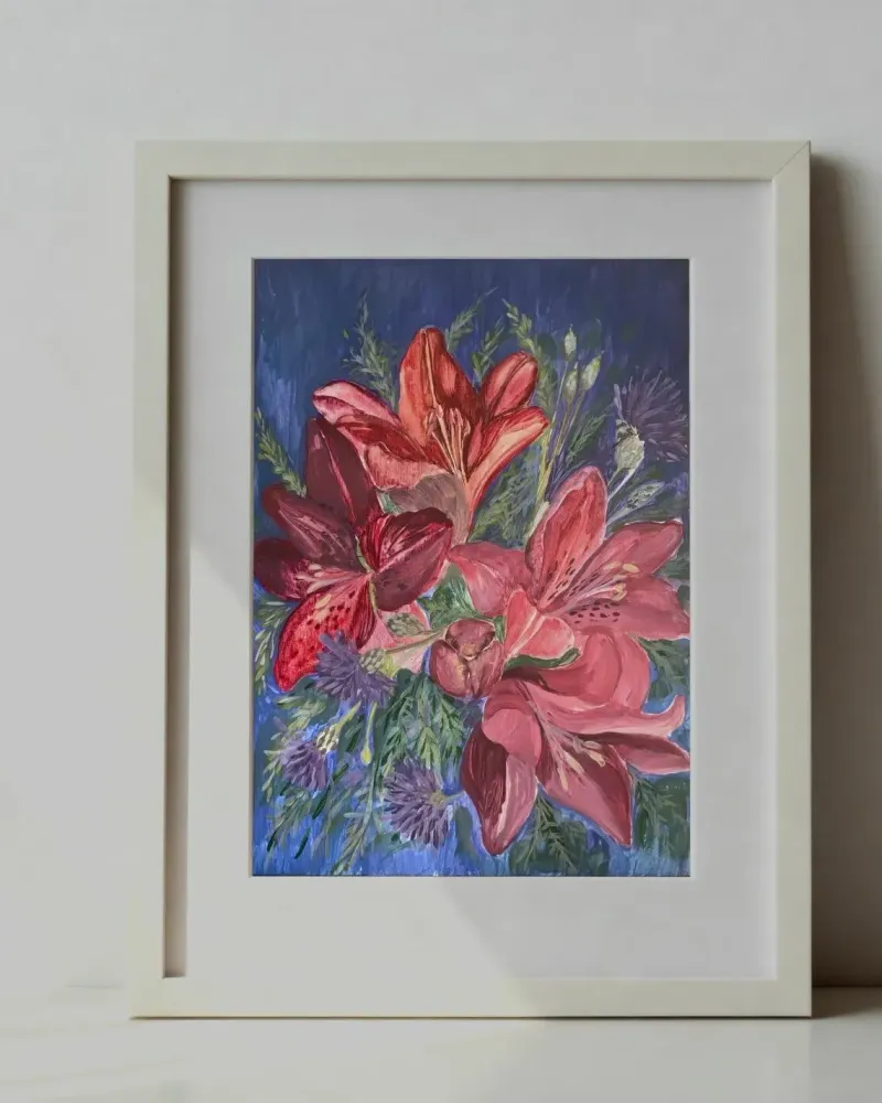 Лилии в синем саду — Гуашь, 21×29 см