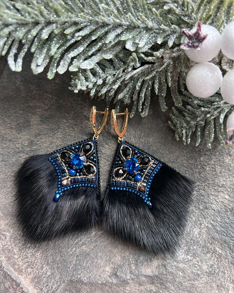 Серьги с мехом норки, синий