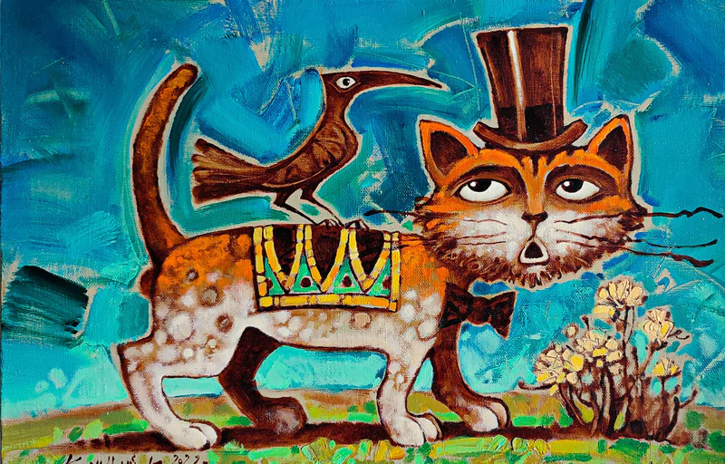 "Кот с птичкой", 30х45 см., холст, масло, 2022г