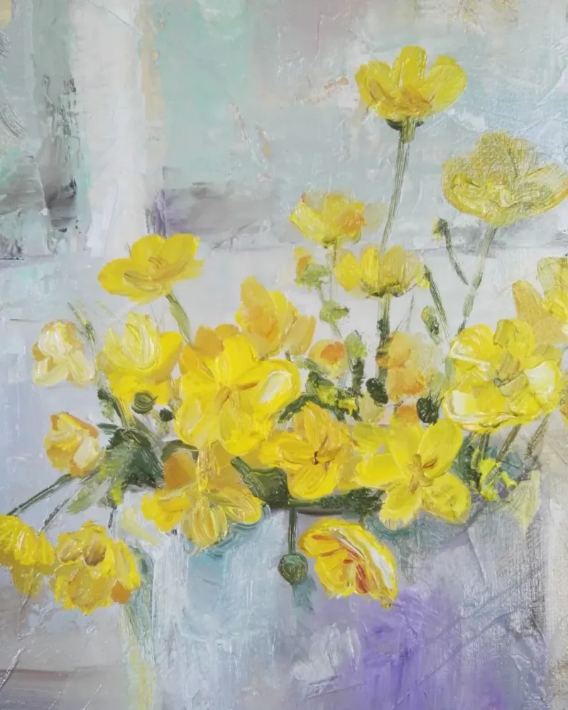Желтые цветы и птичка. Картина маслом 40×40 см — 40×40 см