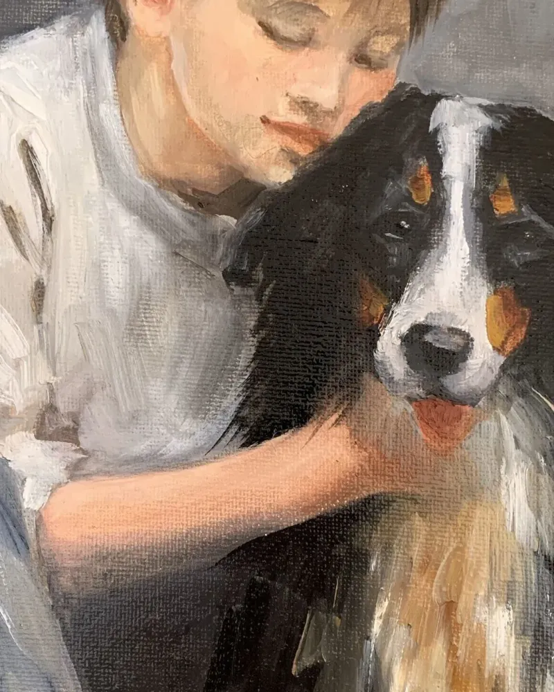 Мальчик с собакой. Картина маслом 20×30 см — 20×30 см