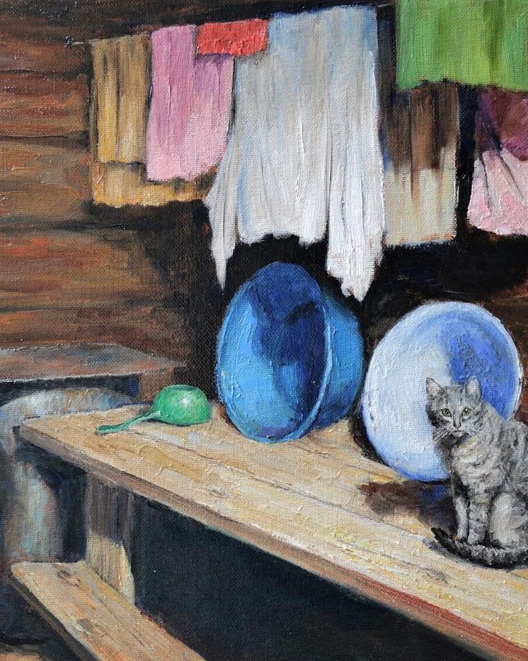 «Деревенская мозаика»: Банный кот. Картина маслом