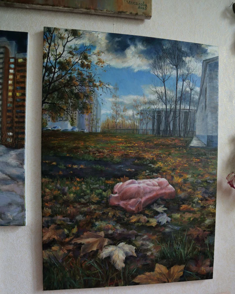 На районе. Осень манекена. Масло, холст