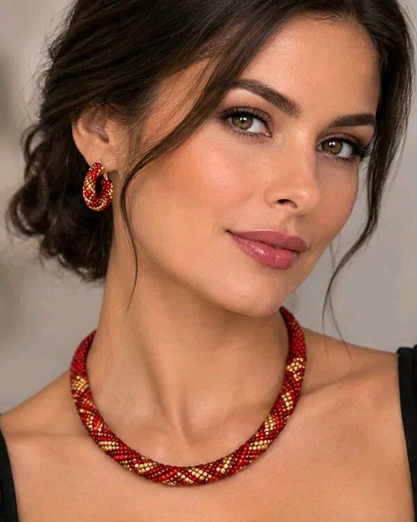 Серьги кольца из бисера красные золотые подарок для женщины