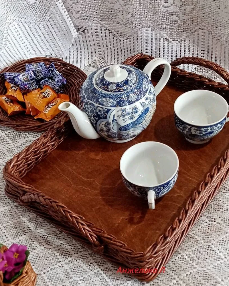 Поднос для чаепития, плетеный поднос для кухни, разнос для посуды