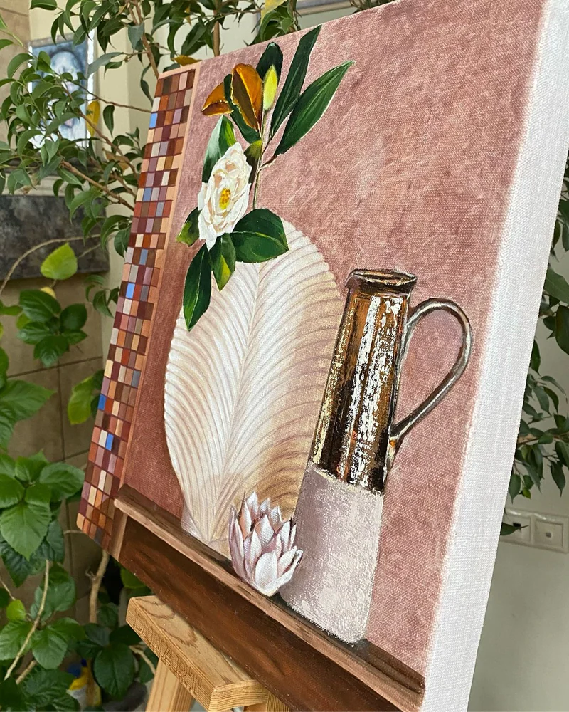 Картина маслом Натюрморт 40×40 см. цветы. Мозаика. Цветы — Оригинал
