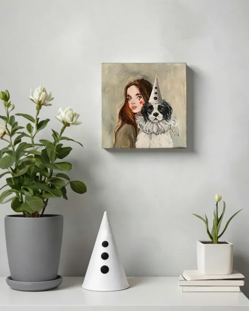 Клоунесса и верный друг. Картина маслом 20×20 см — 20×20 см