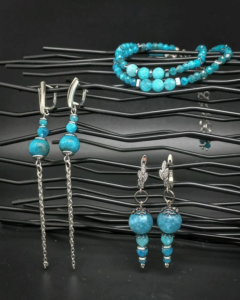 Серьги браслет колье Марина из апатита и амазонита комплект