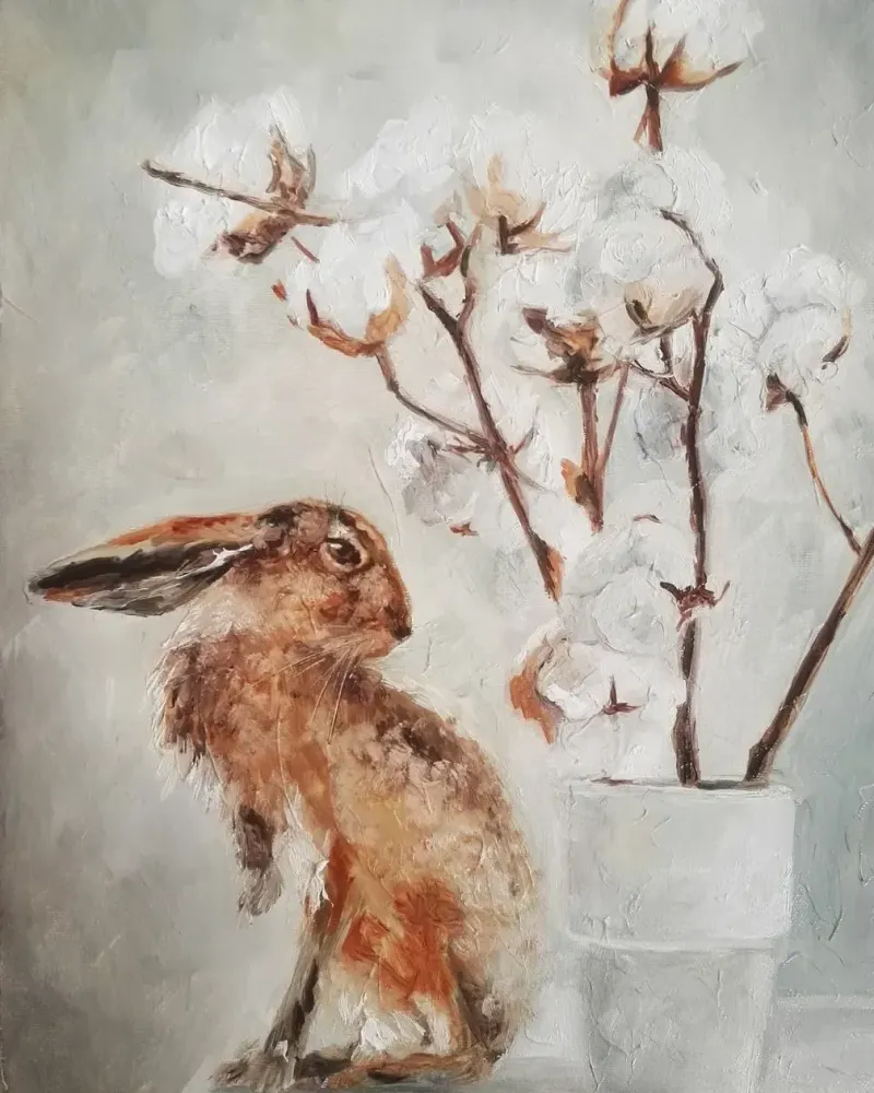Заяц и хлопок в вазе. Картина маслом 35×50 см — 35×50 см