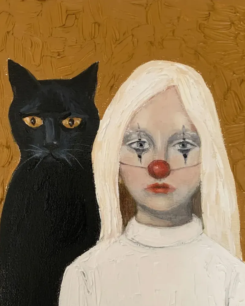 Клоунесса с черным котом. Картина маслом 20×20 см — 20×20 см