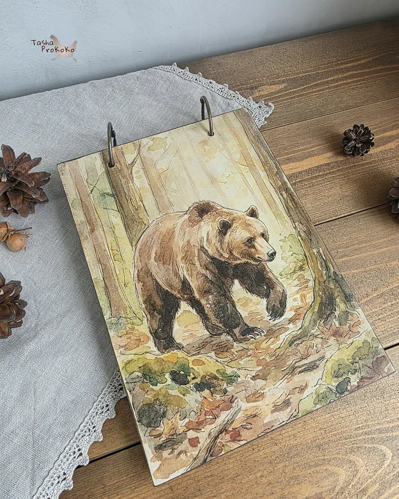Деревянный блокнот А5 на кольцах в клетку — Bear