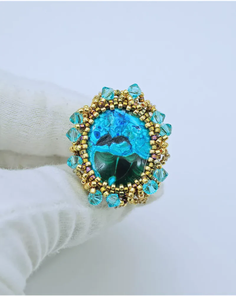 Авторское кольцо с хризоколлой и Swarovski