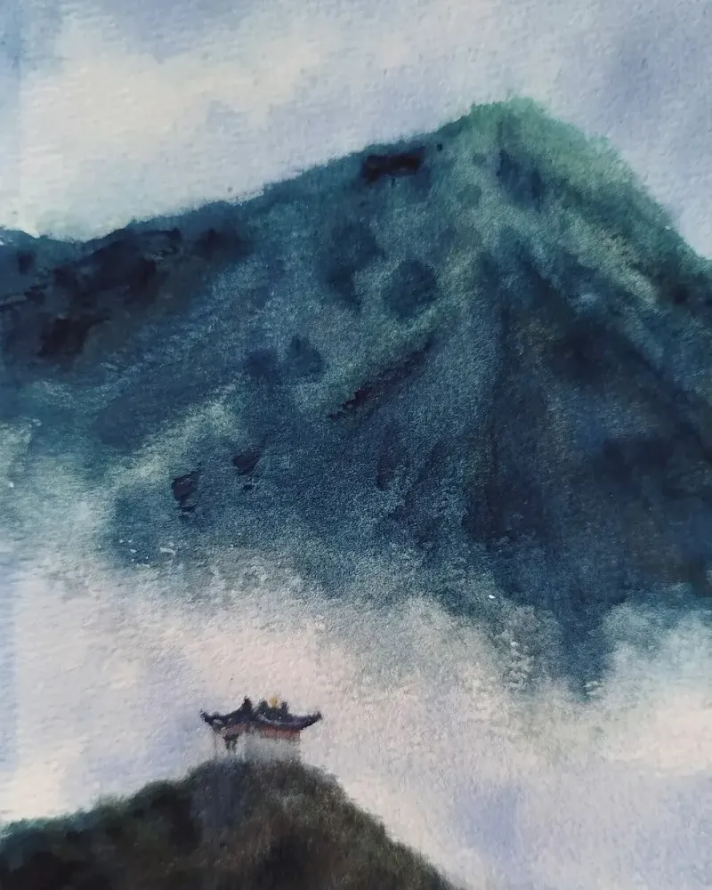 Тишина. Пагода в горах, акварель — 13×19 см