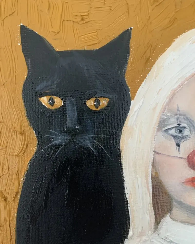Клоунесса с черным котом. Картина маслом 20×20 см — 20×20 см