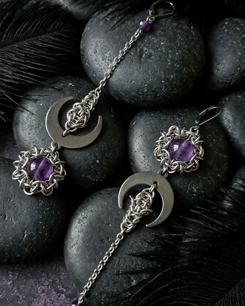 Серьги длинные аметист и лунницы