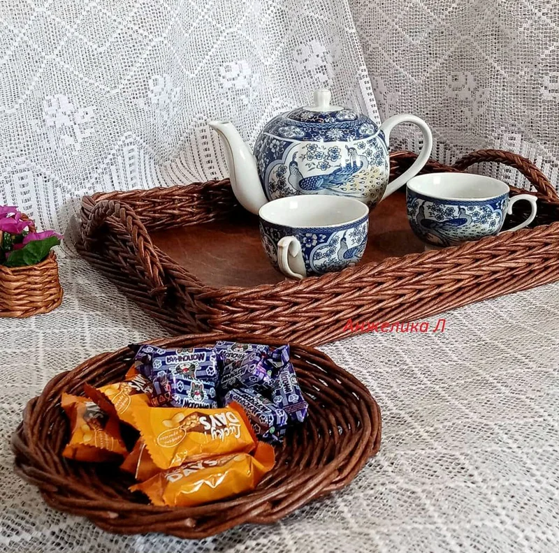 Поднос для чаепития, плетеный поднос для кухни, разнос для посуды