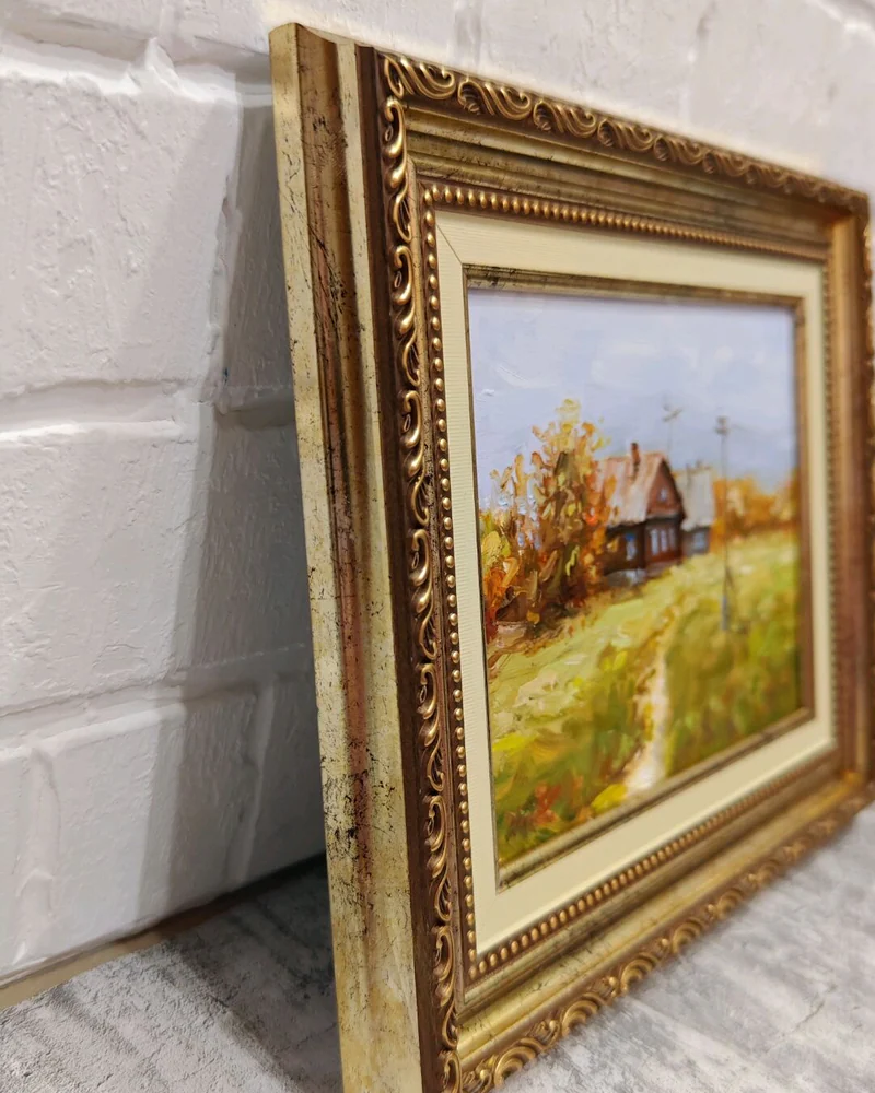 Деревенский осенний пейзаж с домикам Картина в раме