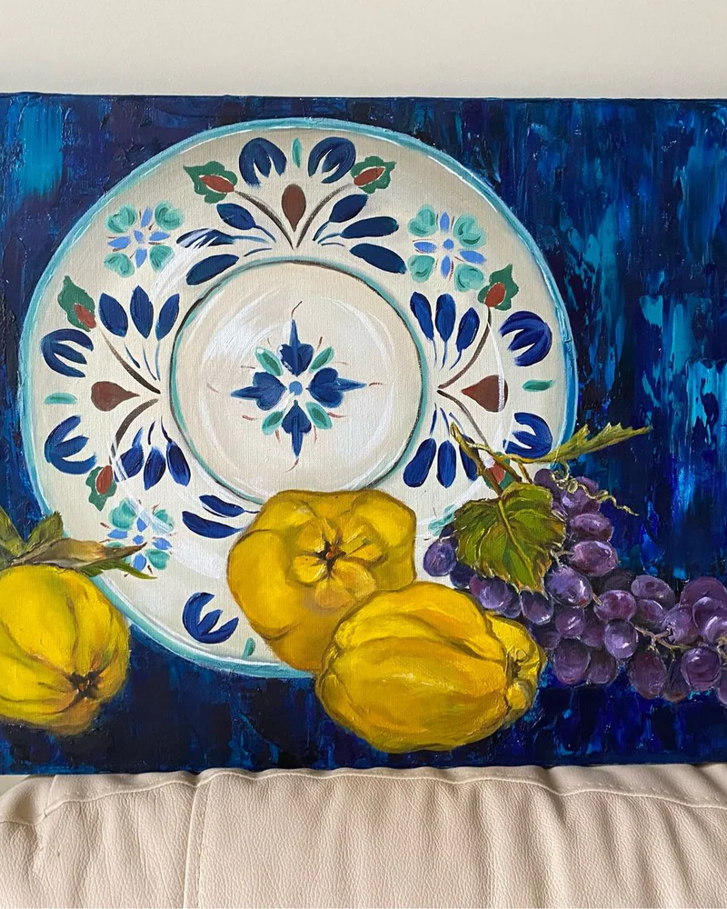 Картина маслом 70×45 см «Айва-джаз & Вино-блюз» натюрморт — Оригинал
