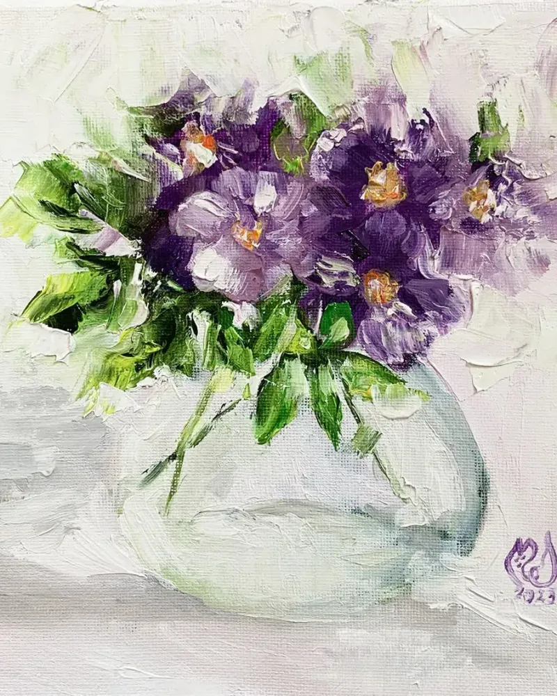 Фиалки в вазе. Картина маслом 20×20 см — 20×20 см