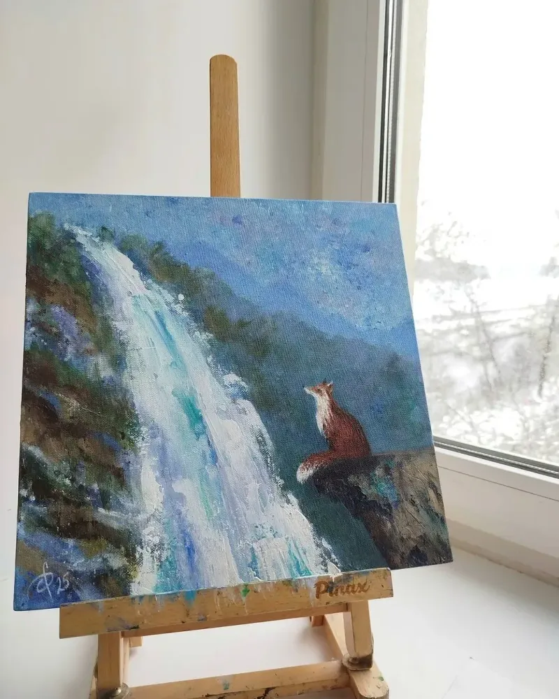 Лиса у водопада. Картина акрилом — 30×30 см