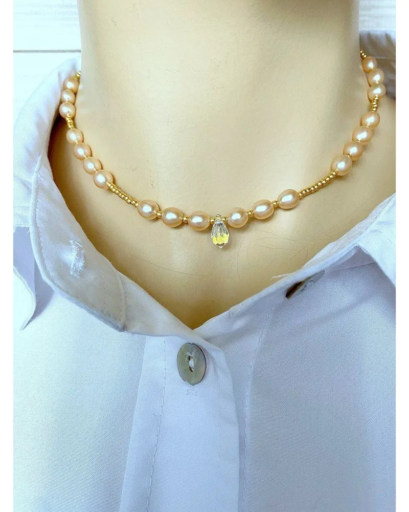 Жемчужное колье — персиковое с золотистой каплей Swarovski