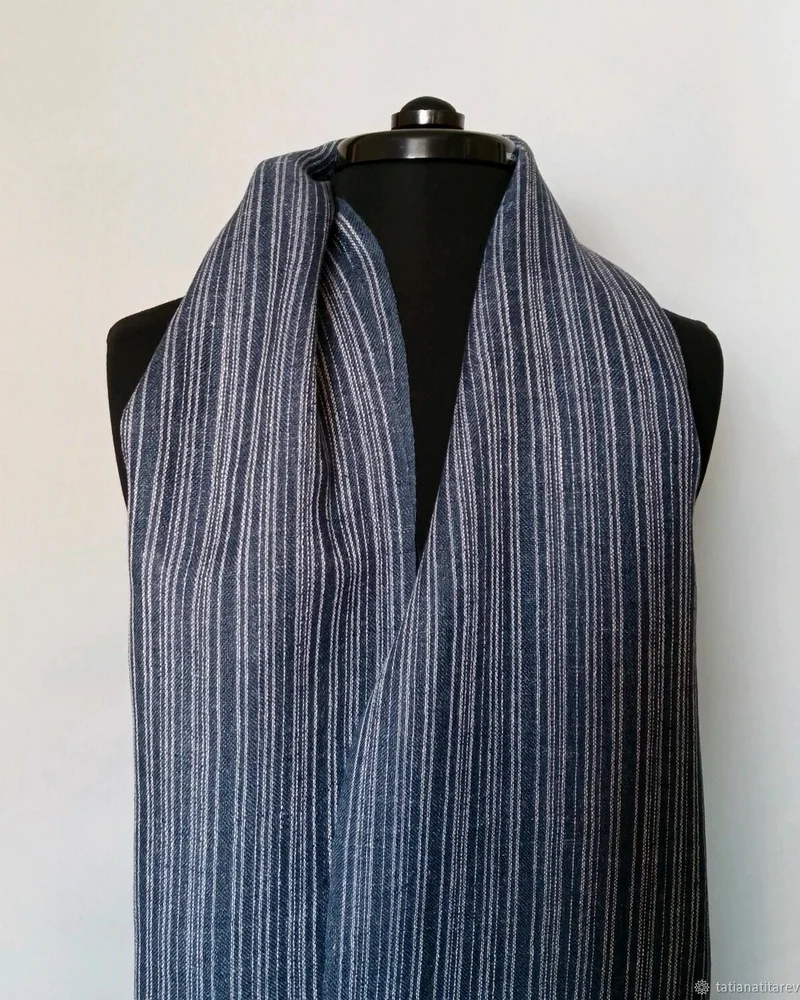 Шарф мужской тканый из льна и хлопка, серо-голубой