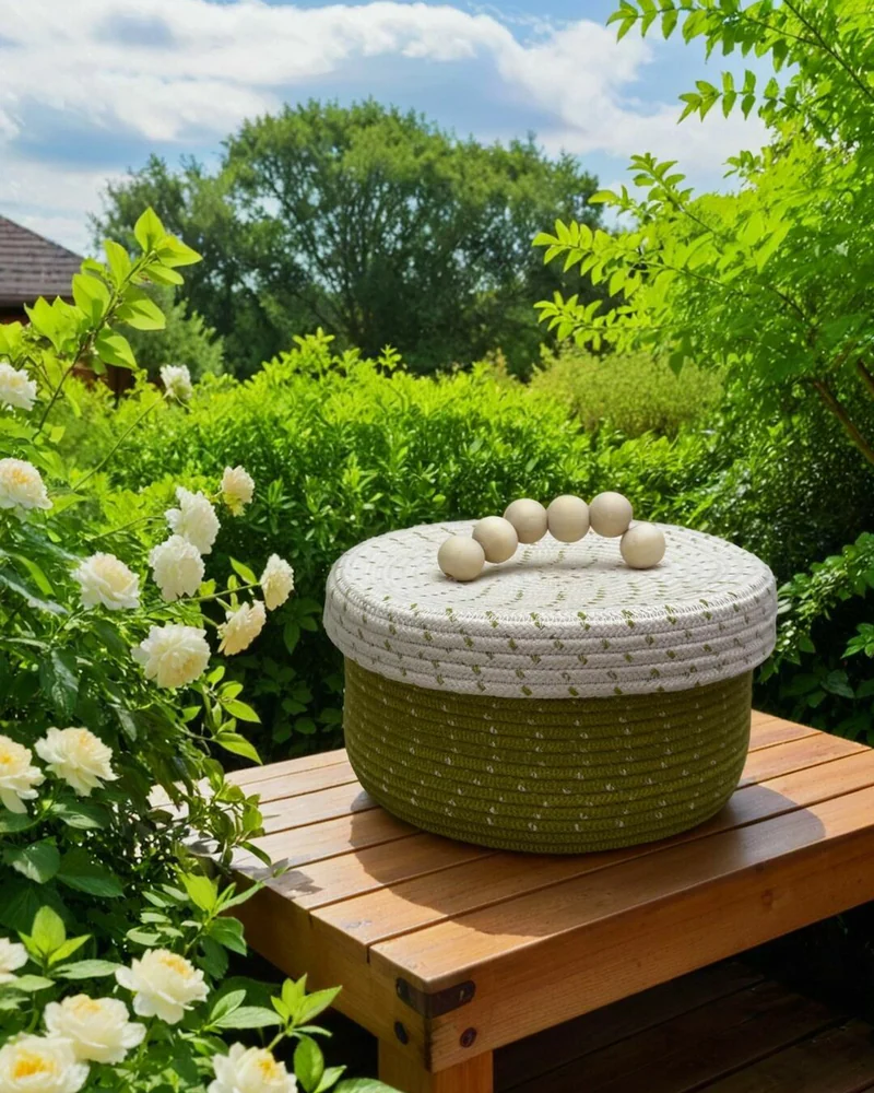 Корзина с ручкой из деревянных бусин