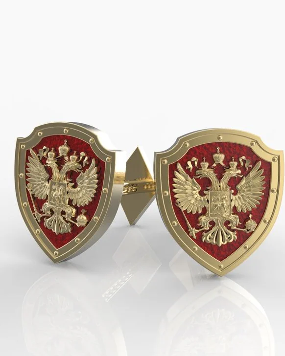 Запонки золотые "Российский герб" с эмалью из золота 585 — цвет: красный