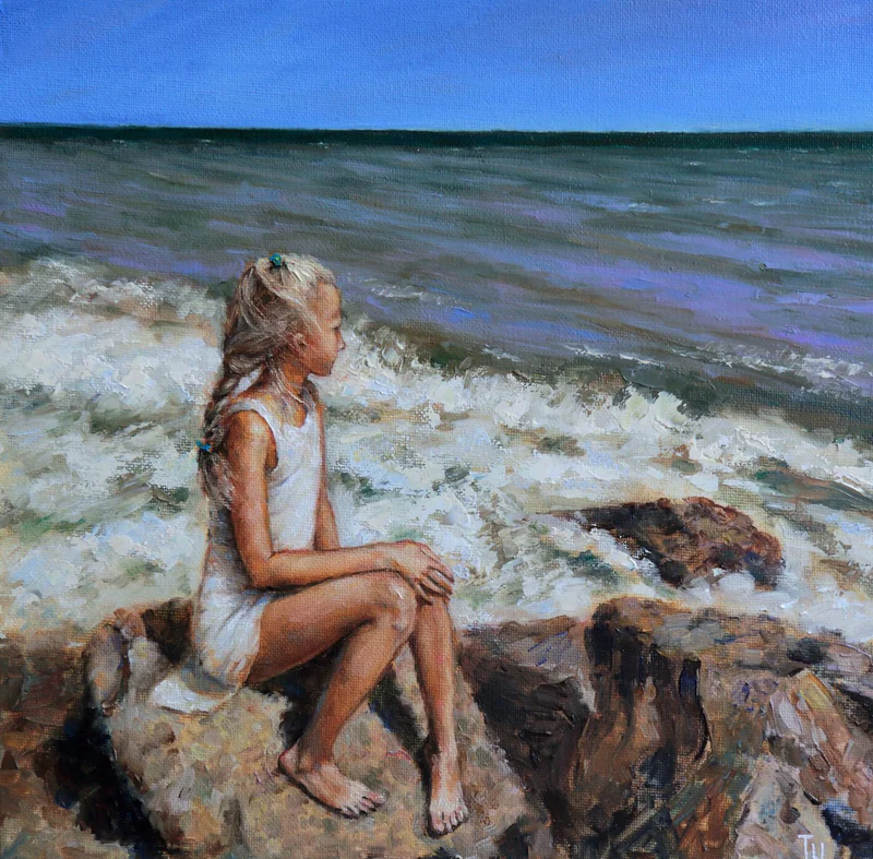 Девочка и море. Масло, холст на оргалите. 30х30 см