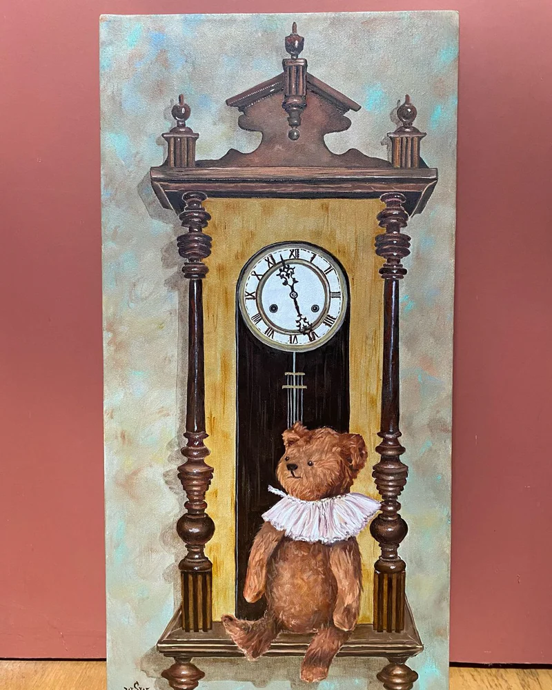 Картина маслом 30×60 “Five o ‘clock” (мишка и часы) — Оригинал