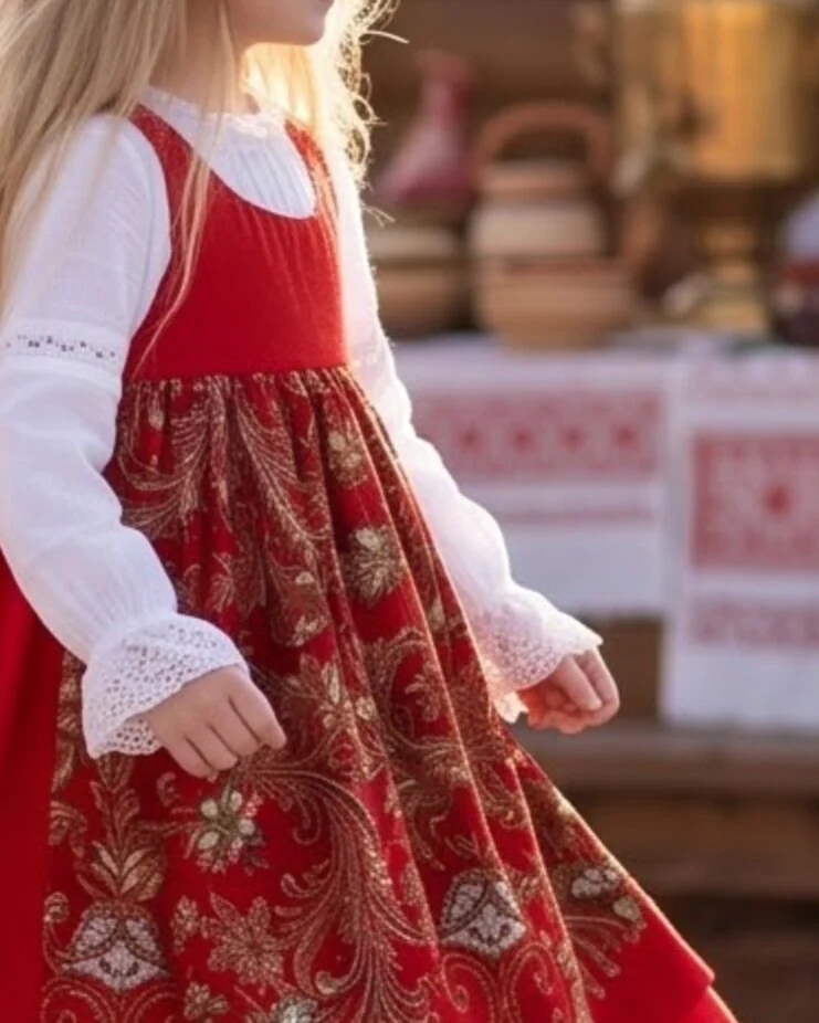 Народный костюм (сарафан + кружевное платье) — красный цвет