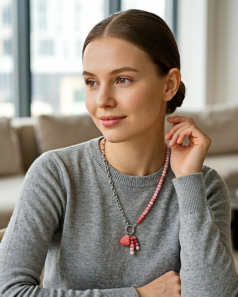 Колье асимметричное из халцедона с подвеской. Малиновый щербет — розовое