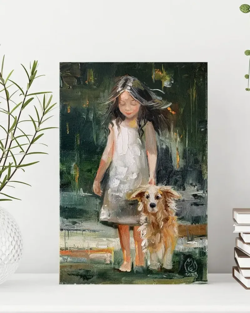 Девочка и её пёс. Картина маслом 20×30 см — 20×30 см