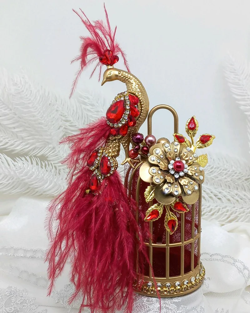 Ёлочные игрушка павлин на клетке бордовый красный золотой
