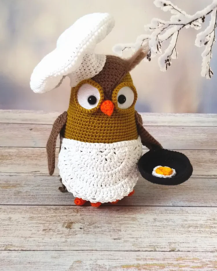 Вязаная игрушка сова повар, мягкая игрушка ручной работы,14+