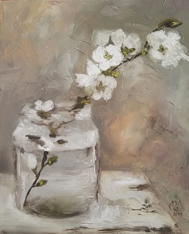Ветка жасмина в вазе. Картина маслом 20×30 см — 20×30 см