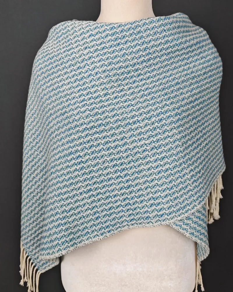 Палантин ручного ткачества, молочный с бирюзовым, 49×190 см