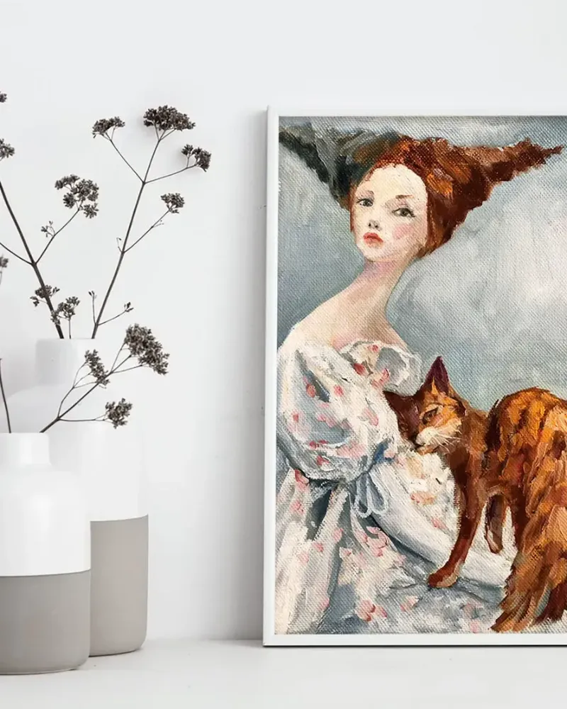 Девушка и кошка. Картина маслом 30×40 см — 30×40 см