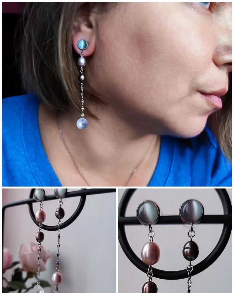 Серьги из жемчуга, и цепочек — розовый с серебристым