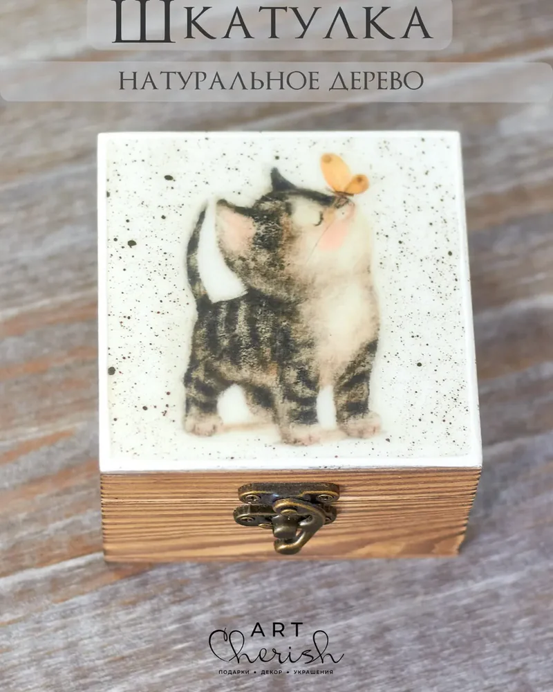 Шкатулка деревянная с рисунком, 10 × 10 × 6 см — Котик