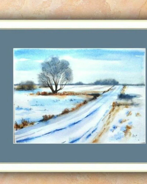 Картина Зимний пейзаж с дорогой акварель 27x19.5 см