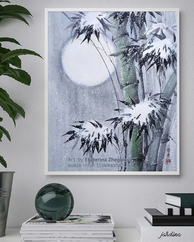 Картина Полнолуние 40x50 бамбук снег луна Япония синий