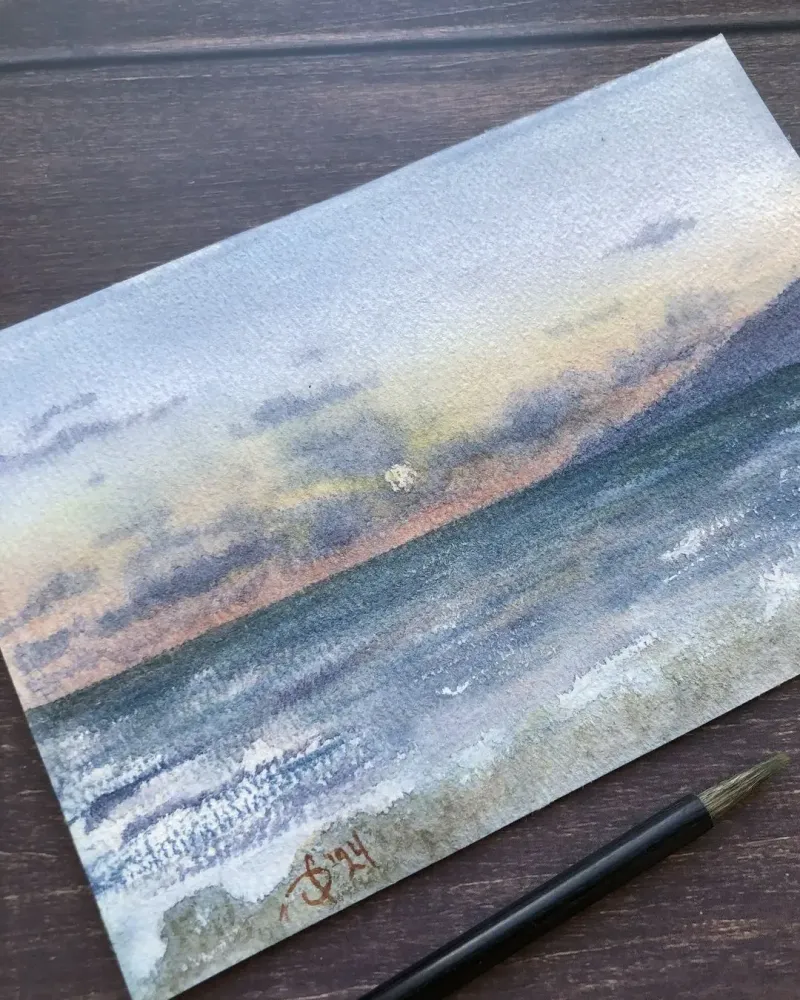 Морской закат. Акварель — 13×19 см