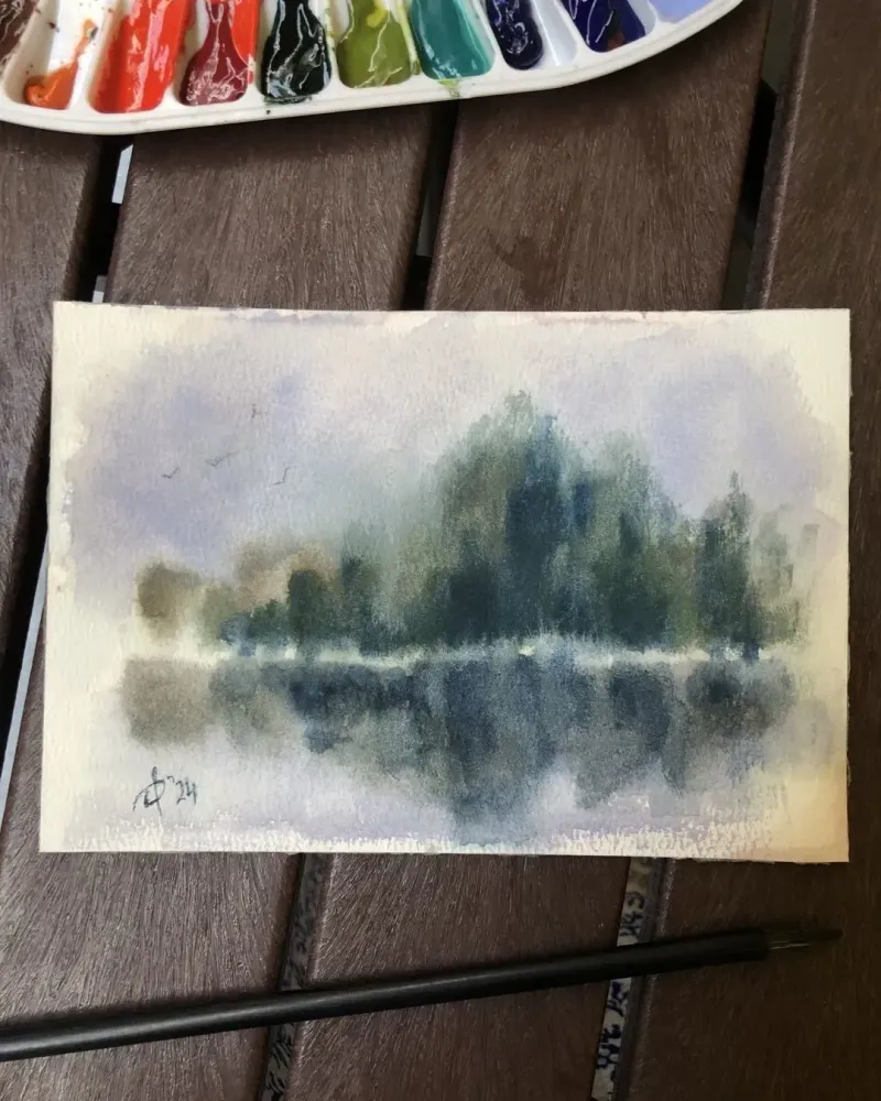 Пейзаж с отражением. Акварель в раме — 13×19 см, в раме
