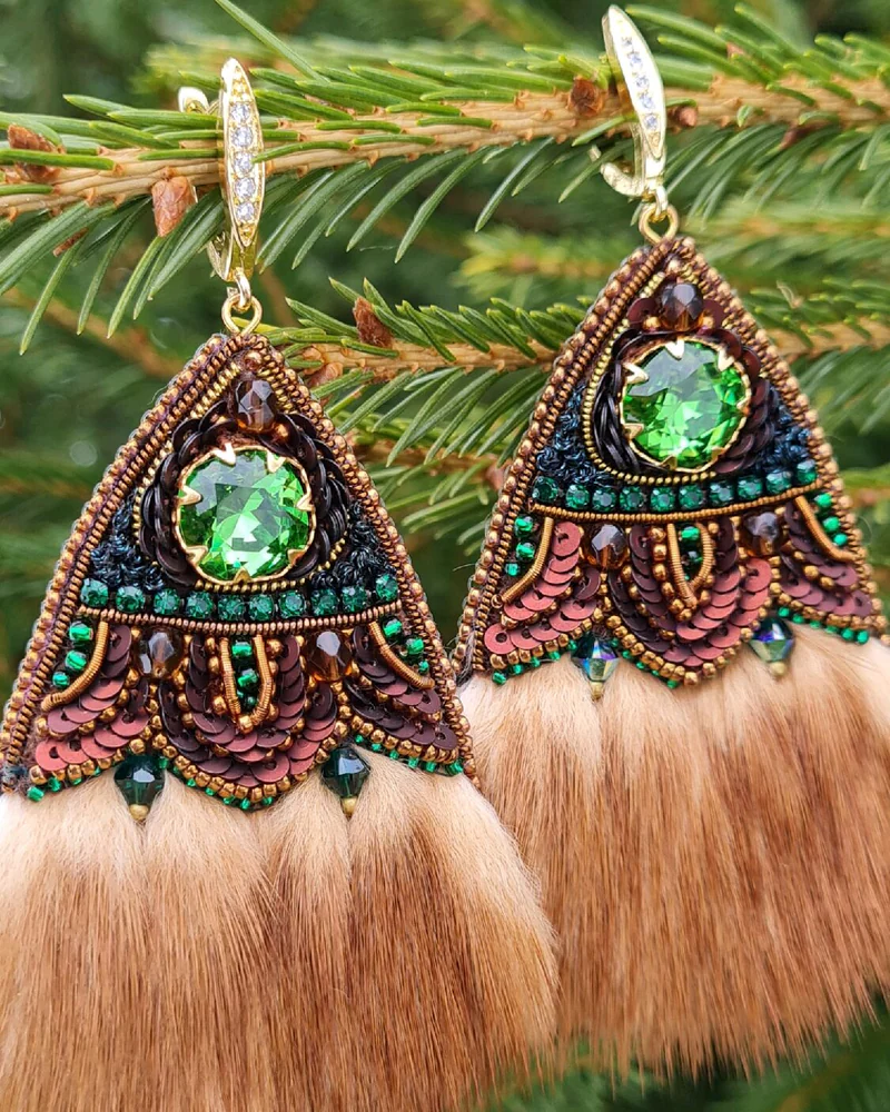 Серьги вышитые бисером,с натуральным мехом норки, мультиколор