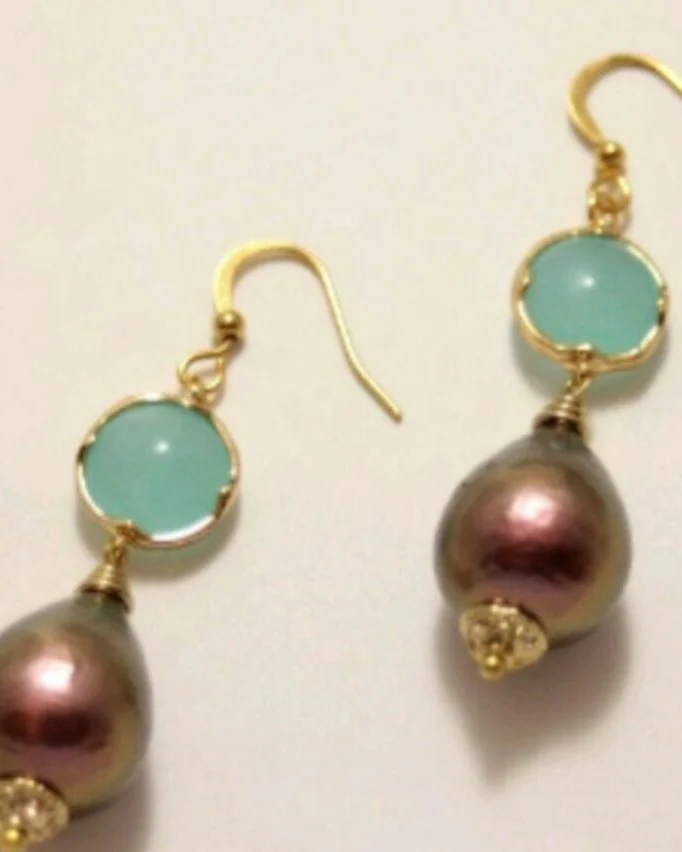 Серьги капли с хлопковым жемчугом мятные фиолетовые легкие