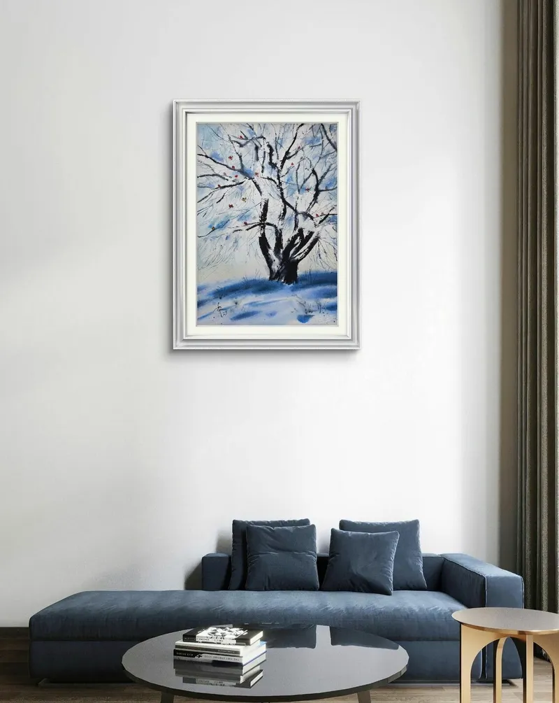Снегири. Зимний пейзаж акварелью — 30×40 см