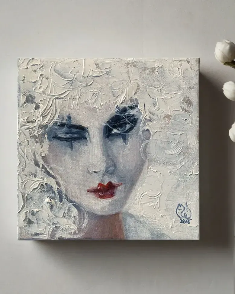 Девушка-клоун. Картина маслом 20×20 см — 20×20 см